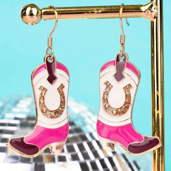 TREASURE Neon Pink Lucky Horseshoe Cowboy Boot Earrings NWT - Picture 1 of 3